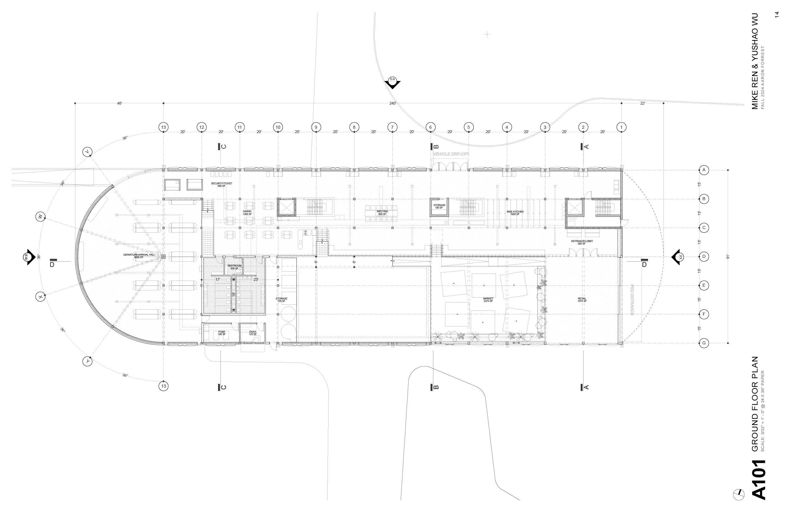 Ground floor plan — linear arrival axis to the departure hall