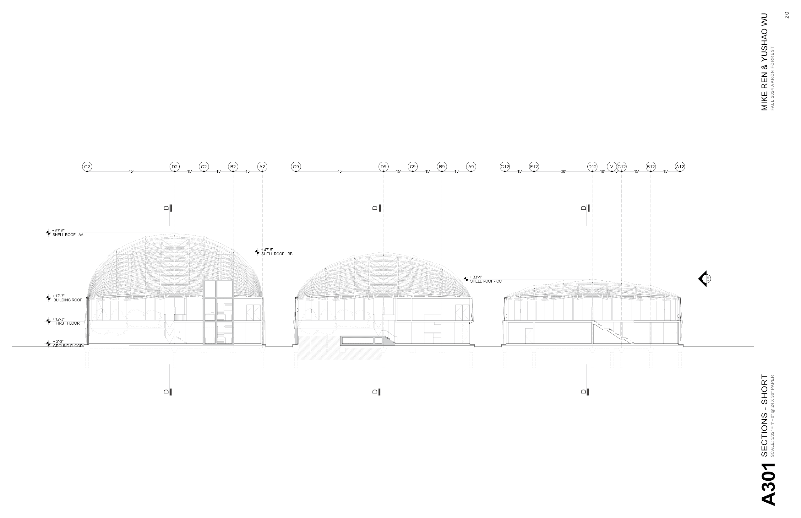 Short sections — the shell stepping down across the building